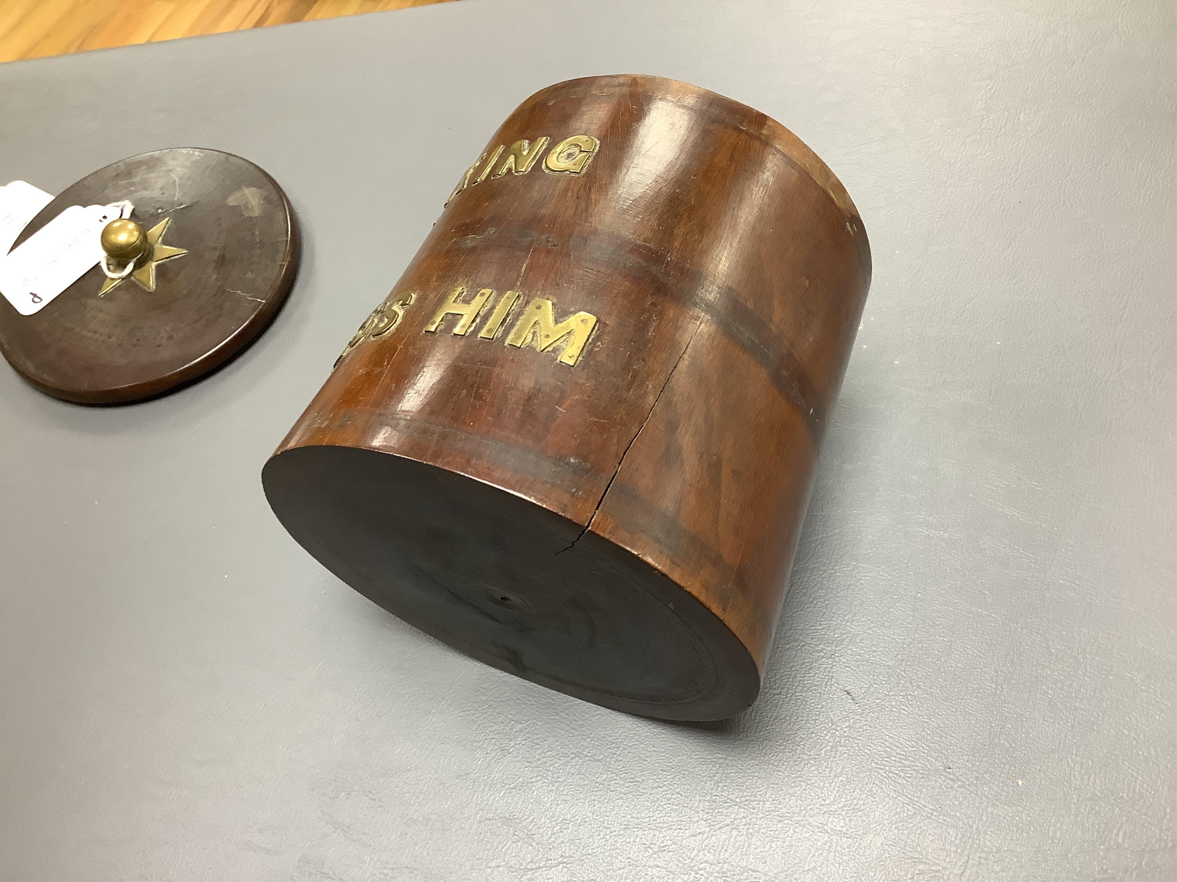 A 19th century turned lignum vitae biscuit barrel with applied brass letters; ‘The King God Bless Him’, 15cm